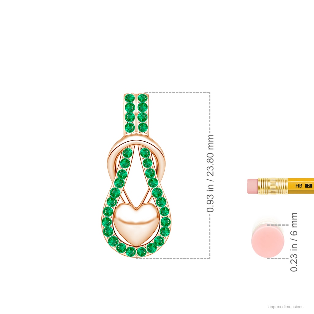 1.3mm AAA Emerald Infinity Knot Pendant with Puffed Heart in Rose Gold ruler