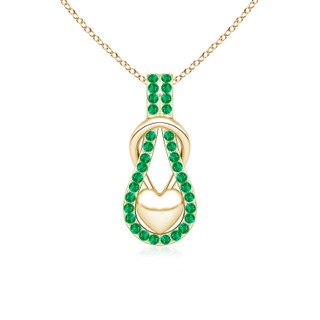 1.3mm AAA Emerald Infinity Knot Pendant with Puffed Heart in Yellow Gold