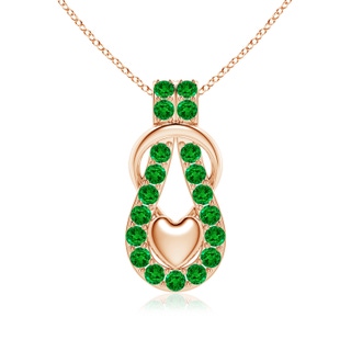 3mm AAAA Emerald Infinity Knot Pendant with Puffed Heart in 18K Rose Gold