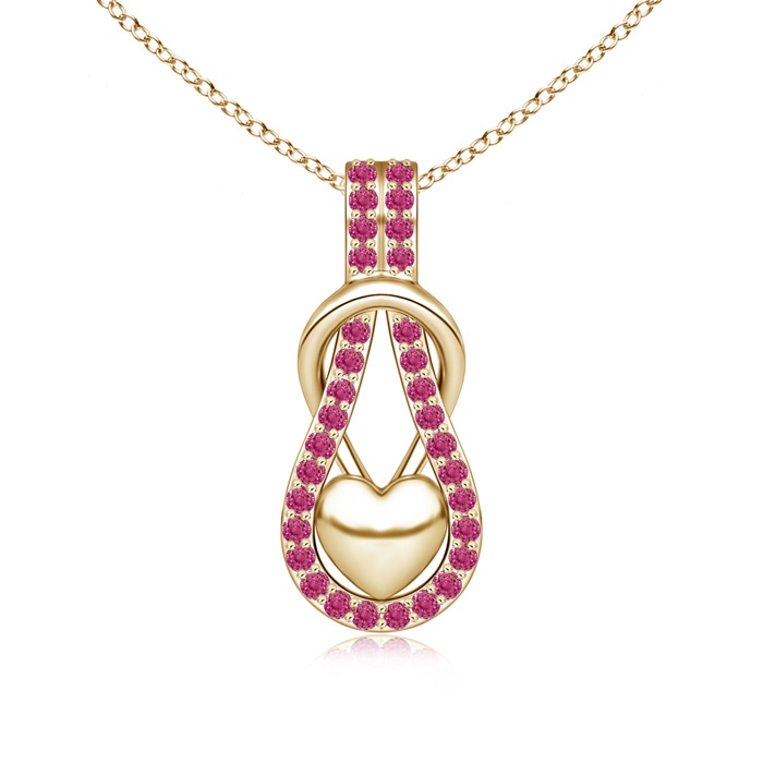 1.3mm AAAA Pink Sapphire Infinity Knot Pendant with Puffed Heart in Yellow Gold
