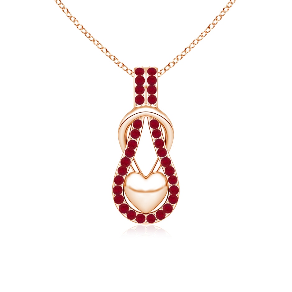 1.3mm AA Ruby Infinity Knot Pendant with Puffed Heart in Rose Gold 
