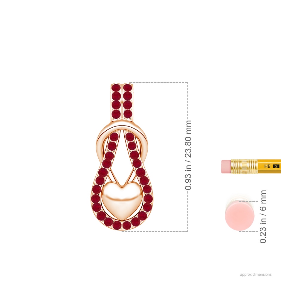 1.3mm AA Ruby Infinity Knot Pendant with Puffed Heart in Rose Gold ruler