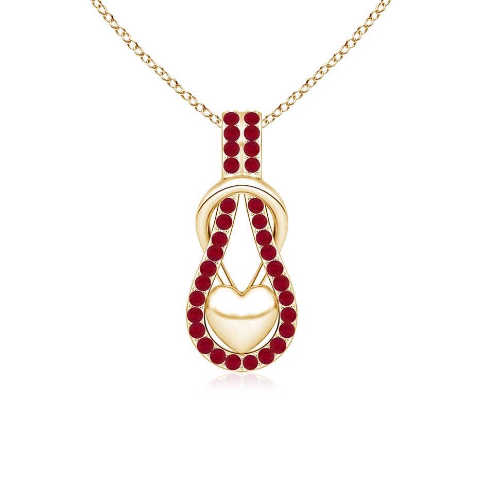 1.3mm AA Ruby Infinity Knot Pendant with Puffed Heart in Yellow Gold 