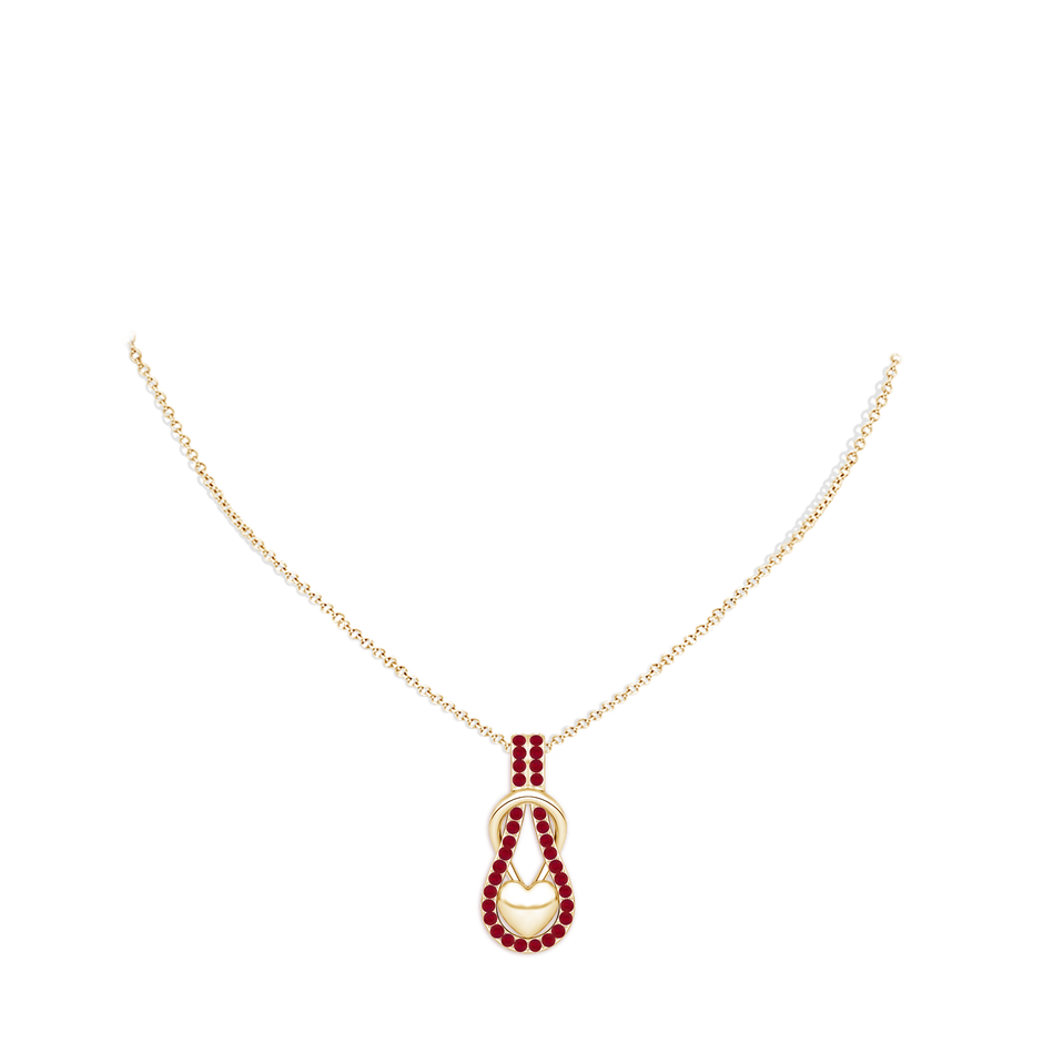 1.3mm AA Ruby Infinity Knot Pendant with Puffed Heart in Yellow Gold pen