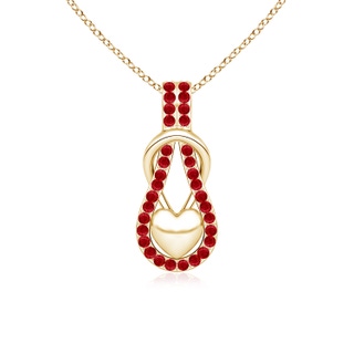 1.3mm AAA Ruby Infinity Knot Pendant with Puffed Heart in Yellow Gold