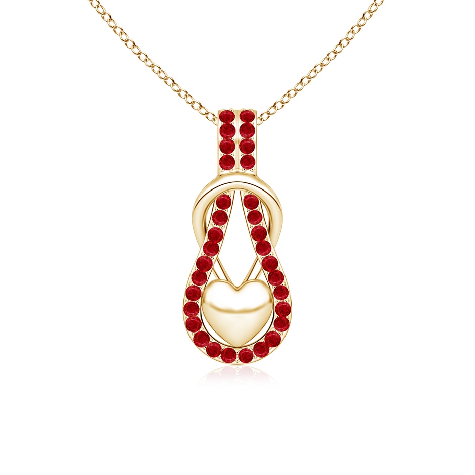 1.3mm AAA Ruby Infinity Knot Pendant with Puffed Heart in Yellow Gold 