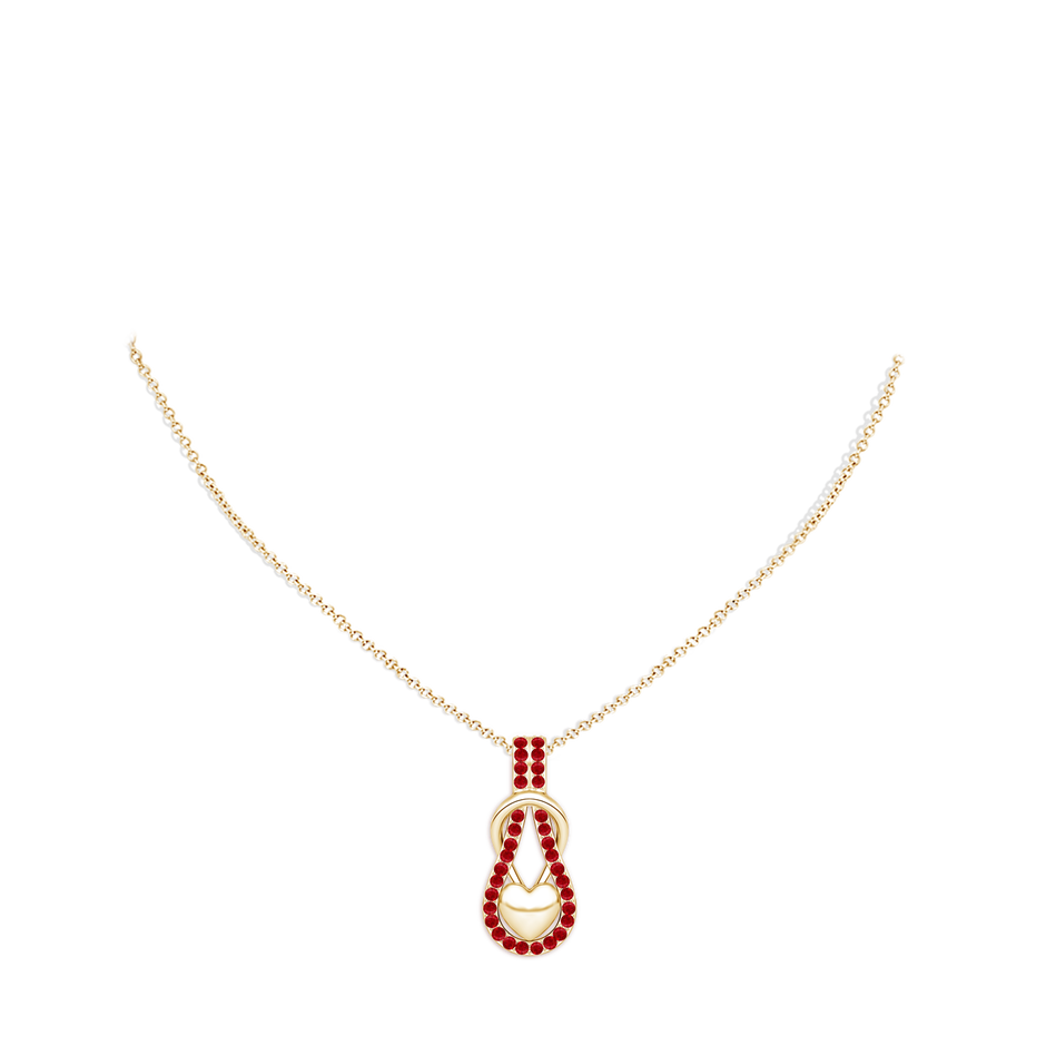 1.3mm AAA Ruby Infinity Knot Pendant with Puffed Heart in Yellow Gold pen