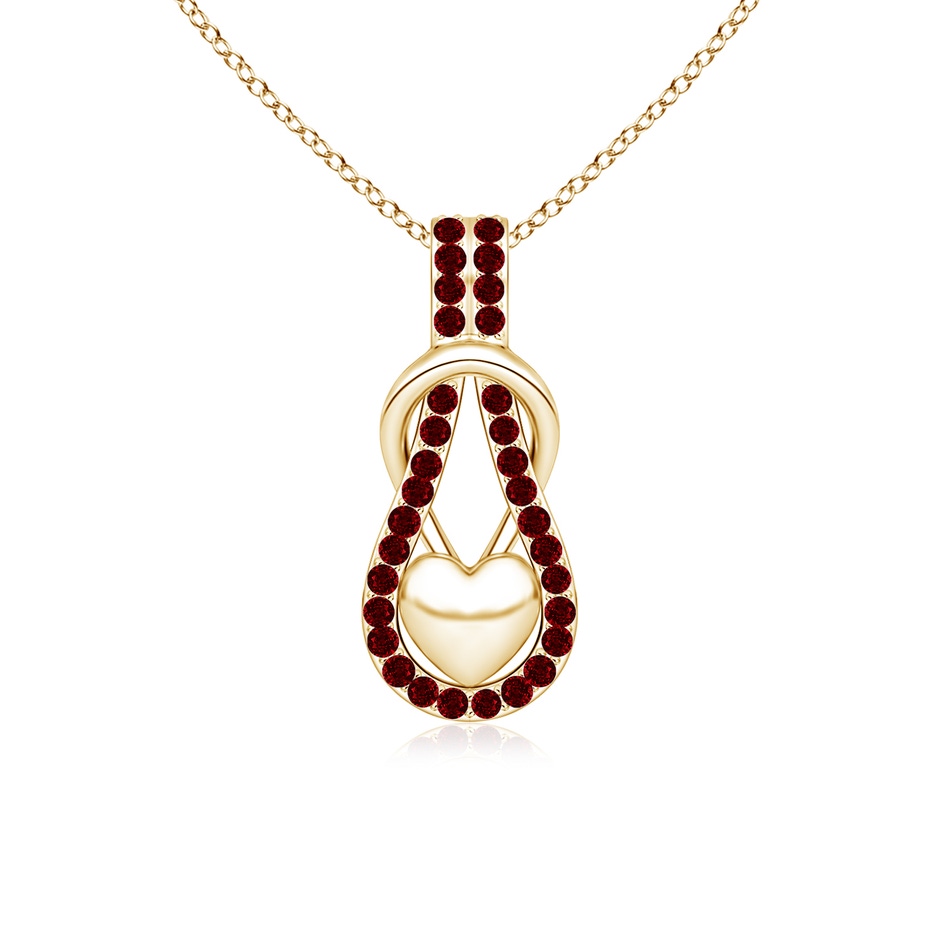 1.3mm AAAA Ruby Infinity Knot Pendant with Puffed Heart in Yellow Gold 