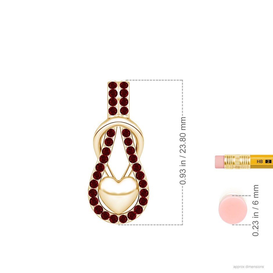 1.3mm AAAA Ruby Infinity Knot Pendant with Puffed Heart in Yellow Gold ruler