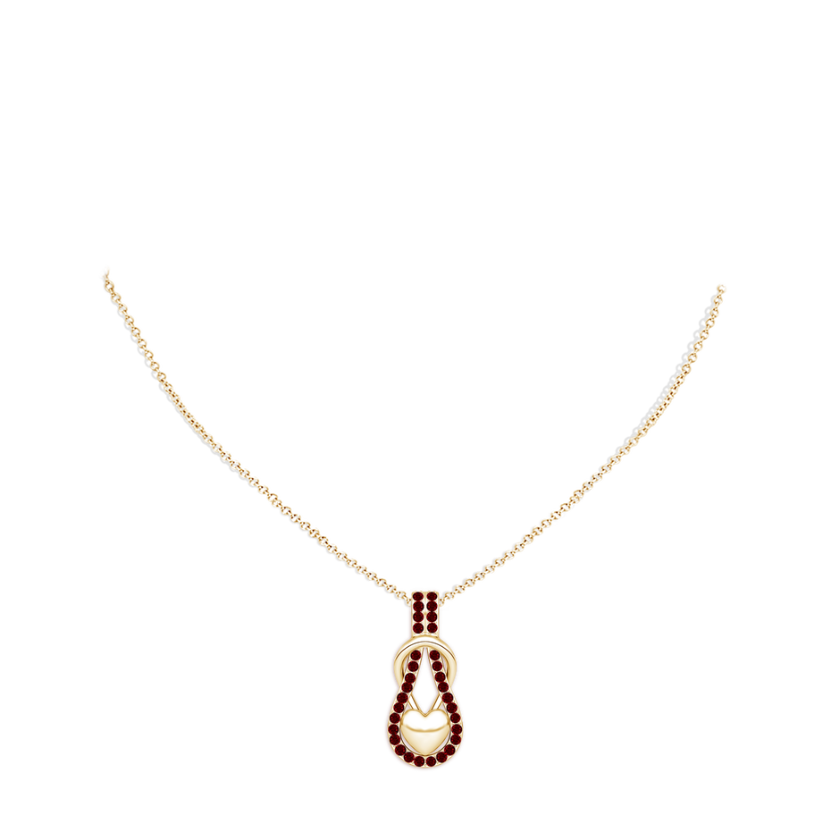 1.3mm AAAA Ruby Infinity Knot Pendant with Puffed Heart in Yellow Gold pen