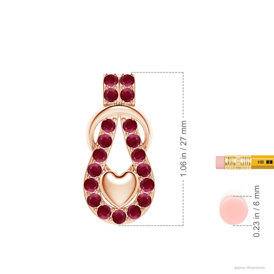 2.5mm A Ruby Infinity Knot Pendant with Puffed Heart in Rose Gold ruler