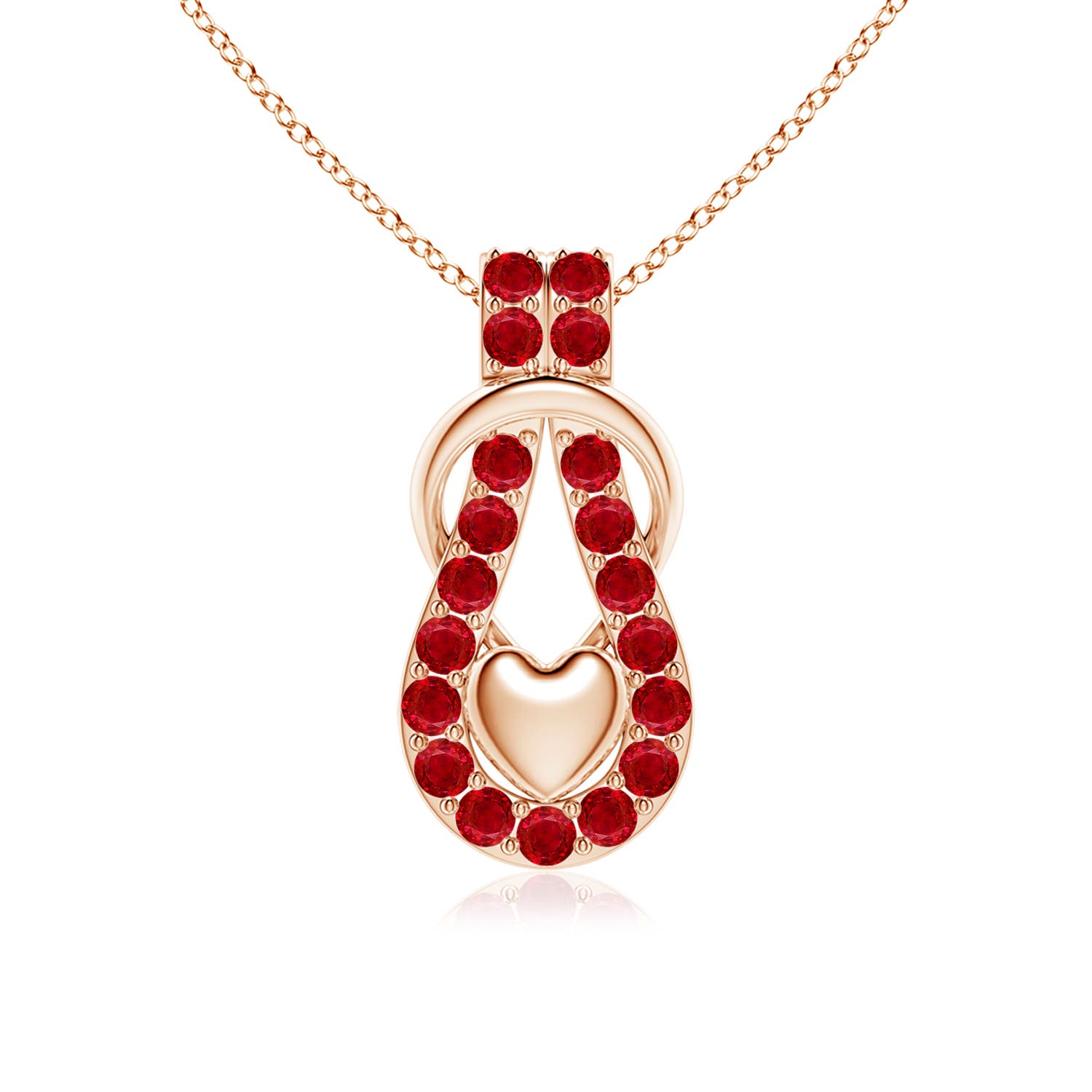 2.5mm AAA Ruby Infinity Knot Pendant with Puffed Heart in 18K Rose Gold