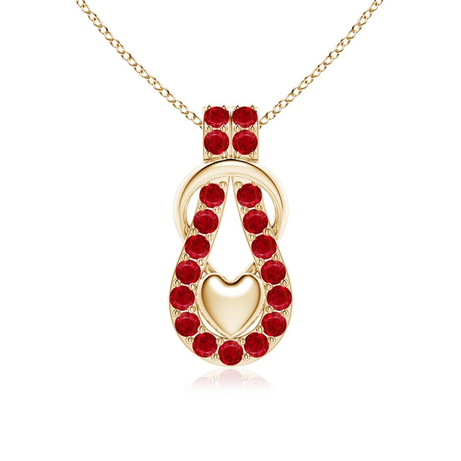 2.5mm AAA Ruby Infinity Knot Pendant with Puffed Heart in Yellow Gold 