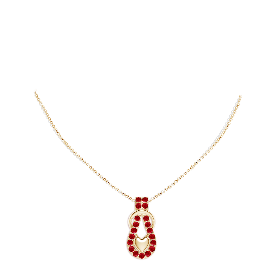 2.5mm AAA Ruby Infinity Knot Pendant with Puffed Heart in Yellow Gold pen