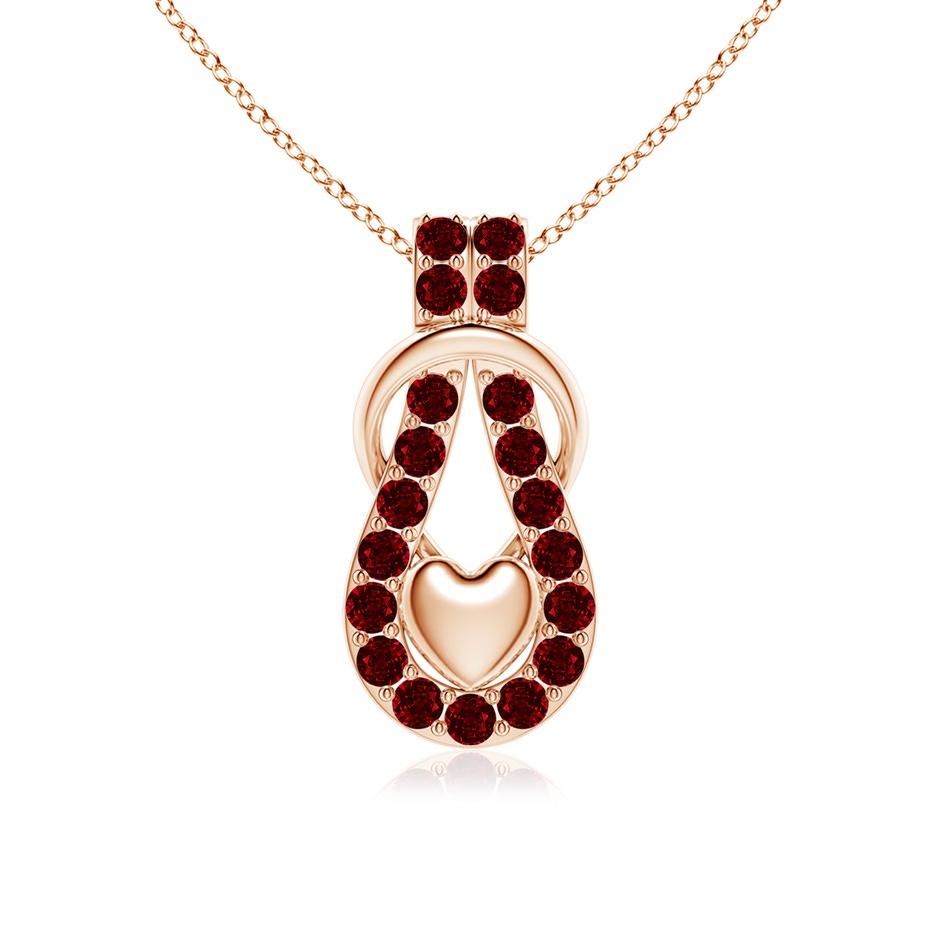 2.5mm AAAA Ruby Infinity Knot Pendant with Puffed Heart in Rose Gold 