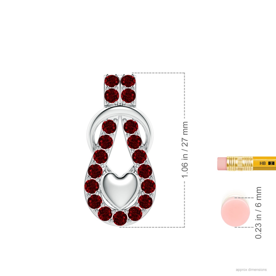 2.5mm AAAA Ruby Infinity Knot Pendant with Puffed Heart in White Gold ruler