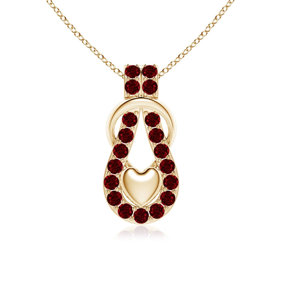 2.5mm AAAA Ruby Infinity Knot Pendant with Puffed Heart in Yellow Gold 