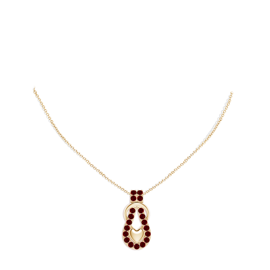 2.5mm AAAA Ruby Infinity Knot Pendant with Puffed Heart in Yellow Gold pen