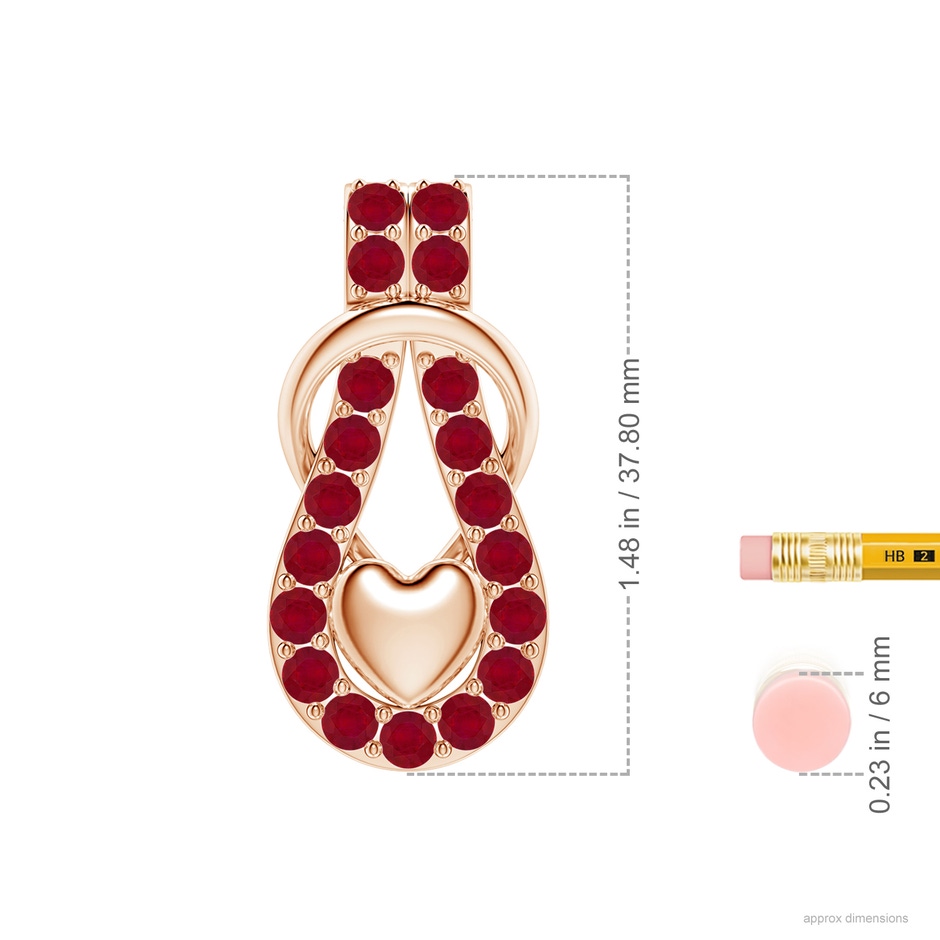3.5mm AA Ruby Infinity Knot Pendant with Puffed Heart in 18K Rose Gold ruler