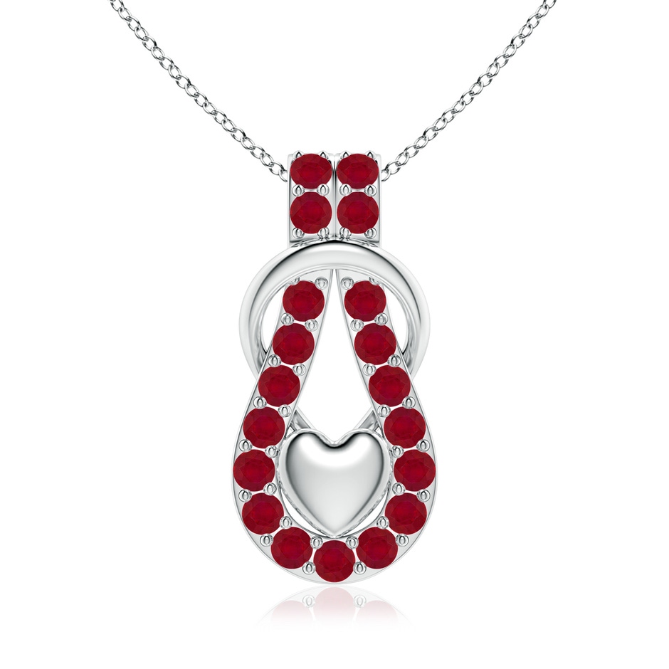 3.5mm AA Ruby Infinity Knot Pendant with Puffed Heart in 18K White Gold 