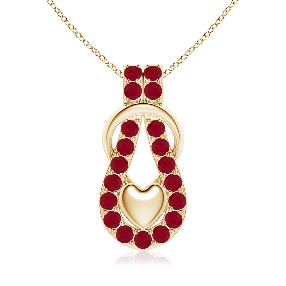 3.5mm AA Ruby Infinity Knot Pendant with Puffed Heart in Yellow Gold 