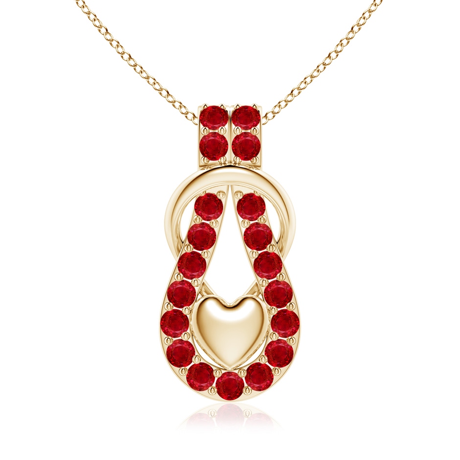 3.5mm AAA Ruby Infinity Knot Pendant with Puffed Heart in Yellow Gold 