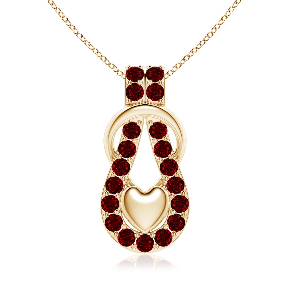 3.5mm AAAA Ruby Infinity Knot Pendant with Puffed Heart in 18K Yellow Gold 