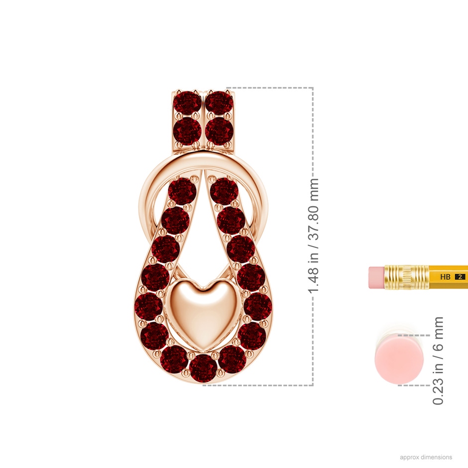 3.5mm AAAA Ruby Infinity Knot Pendant with Puffed Heart in Rose Gold ruler