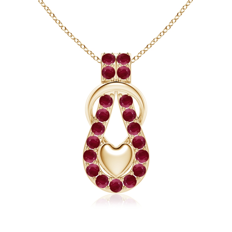 3mm A Ruby Infinity Knot Pendant with Puffed Heart in Yellow Gold 