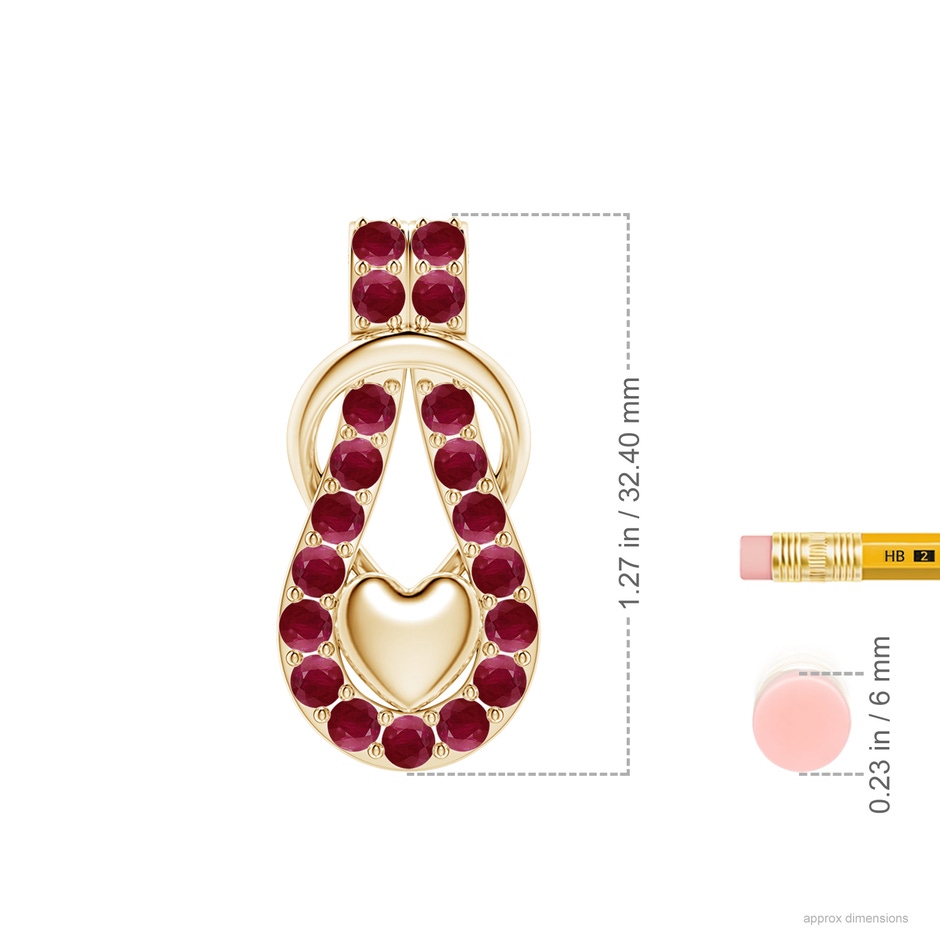 3mm A Ruby Infinity Knot Pendant with Puffed Heart in Yellow Gold ruler