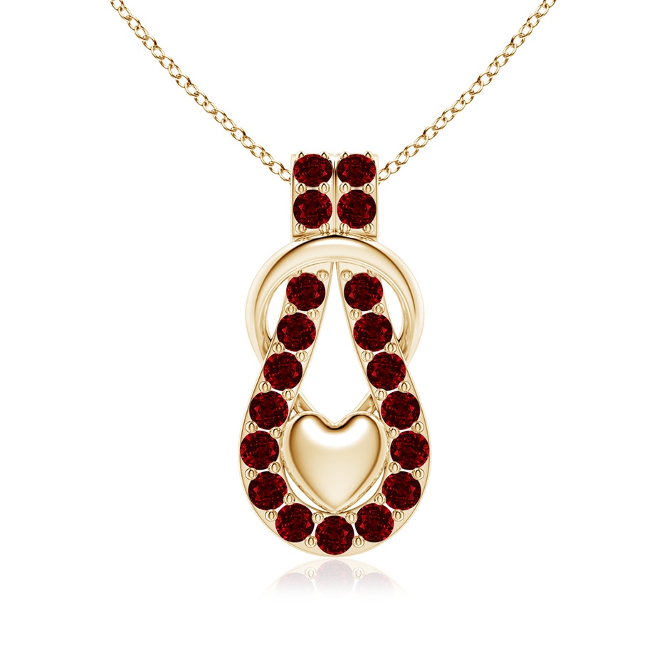 3mm AAAA Ruby Infinity Knot Pendant with Puffed Heart in Yellow Gold 