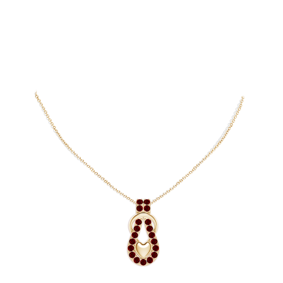 3mm AAAA Ruby Infinity Knot Pendant with Puffed Heart in Yellow Gold pen