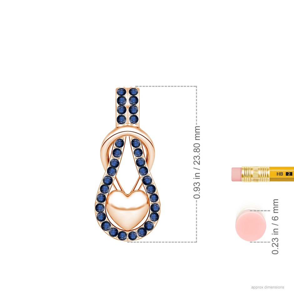1.3mm AA Sapphire Infinity Knot Pendant with Puffed Heart in Rose Gold ruler
