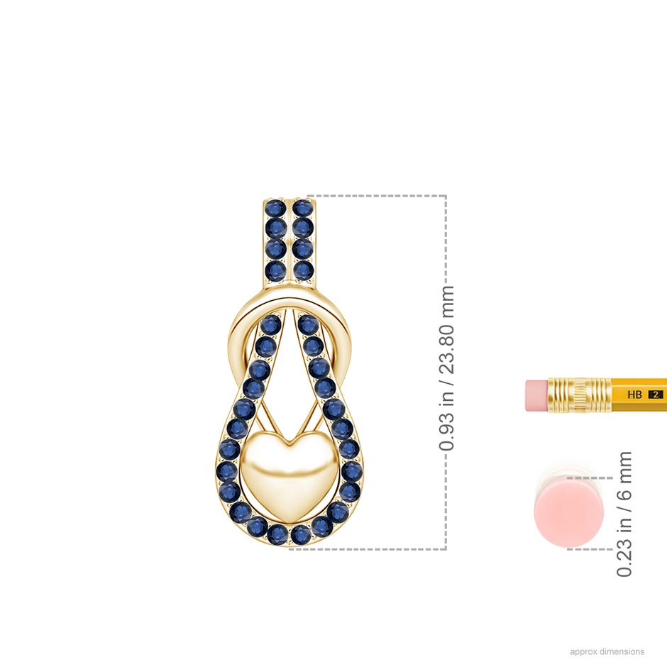 1.3mm AA Sapphire Infinity Knot Pendant with Puffed Heart in Yellow Gold ruler