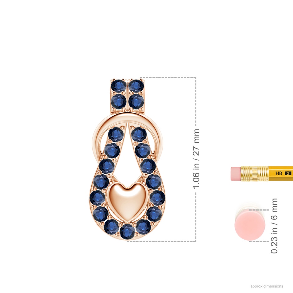 2.5mm AA Sapphire Infinity Knot Pendant with Puffed Heart in Rose Gold ruler