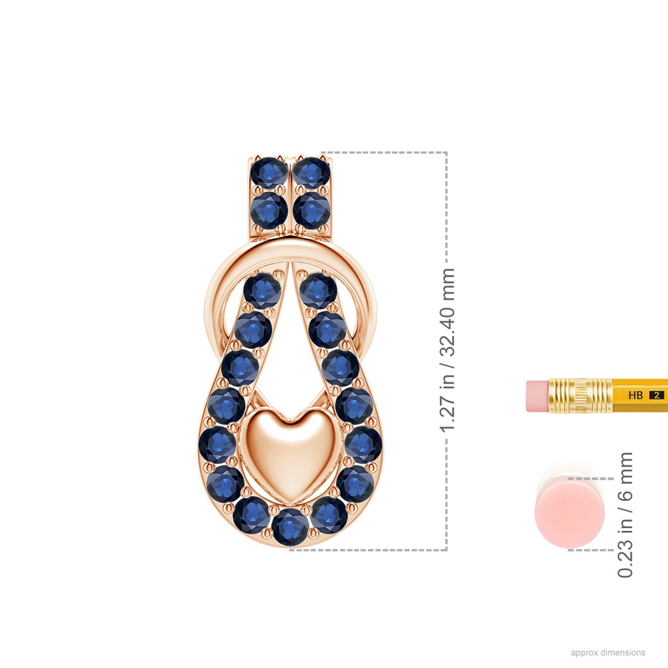 3mm AA Sapphire Infinity Knot Pendant with Puffed Heart in Rose Gold ruler