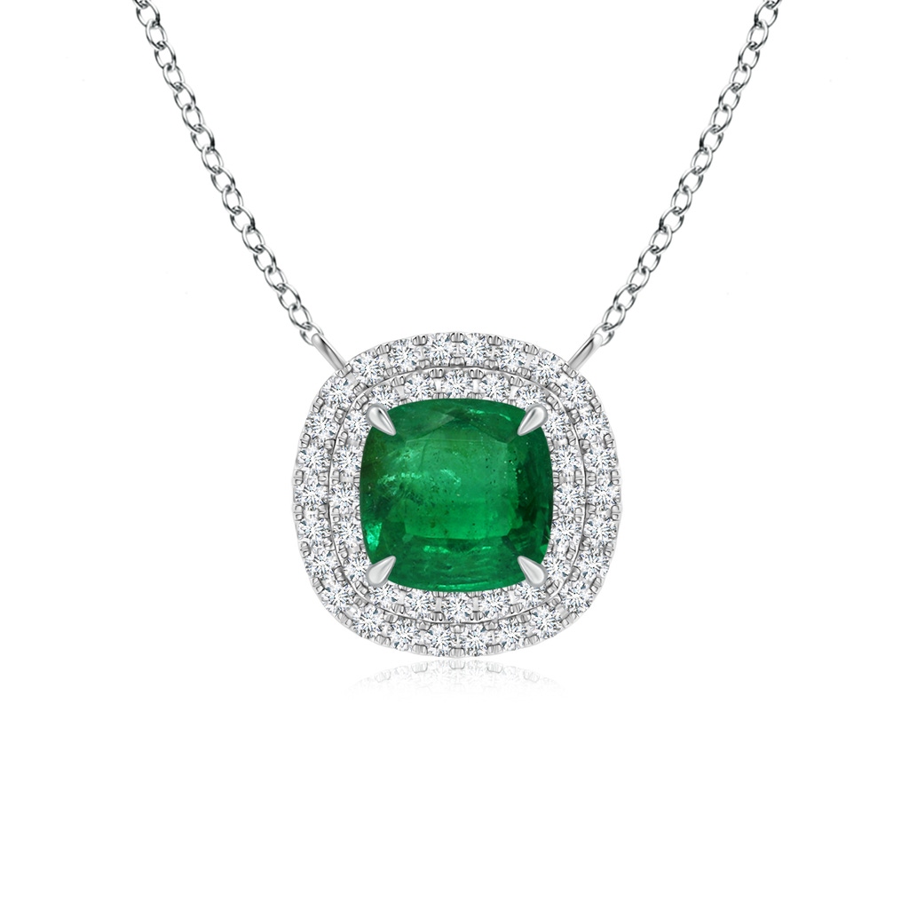 8.10x7.74x5.16mm AA GIA Certified Claw-Set Cushion Emerald Double Halo Pendant in 18K White Gold
