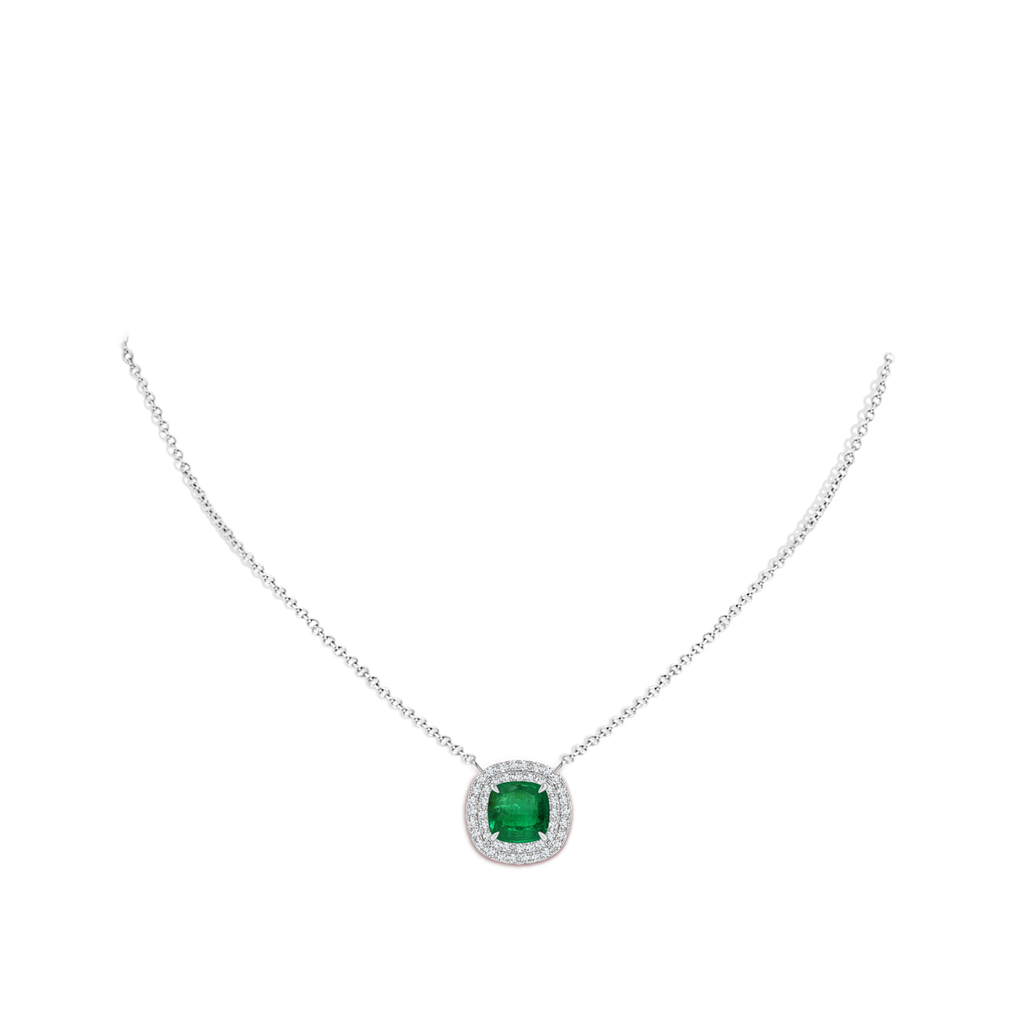 8.10x7.74x5.16mm AA GIA Certified Claw-Set Cushion Emerald Double Halo Pendant in 18K White Gold pen