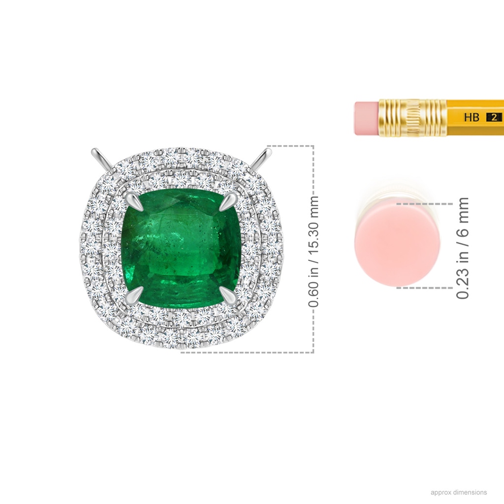 8.10x7.74x5.16mm AA GIA Certified Claw-Set Cushion Emerald Double Halo Pendant in 18K White Gold ruler