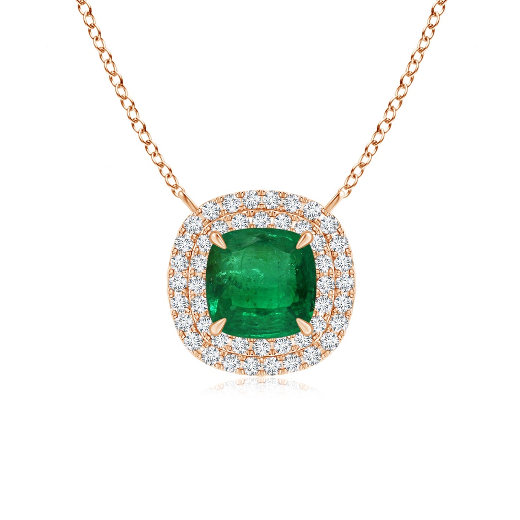 8.10x7.74x5.16mm AA GIA Certified Claw-Set Cushion Emerald Double Halo Pendant in Rose Gold
