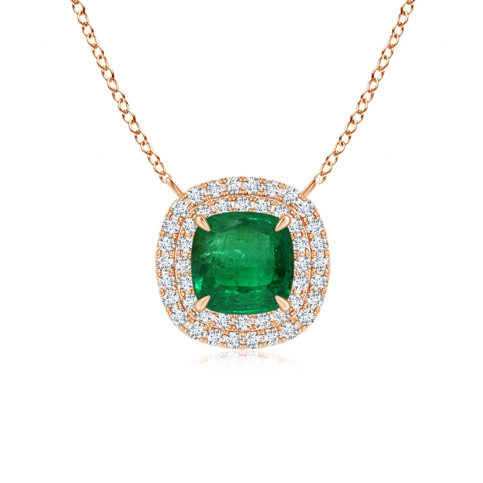 8.10x7.74x5.16mm AA GIA Certified Claw-Set Cushion Emerald Double Halo Pendant in Rose Gold 