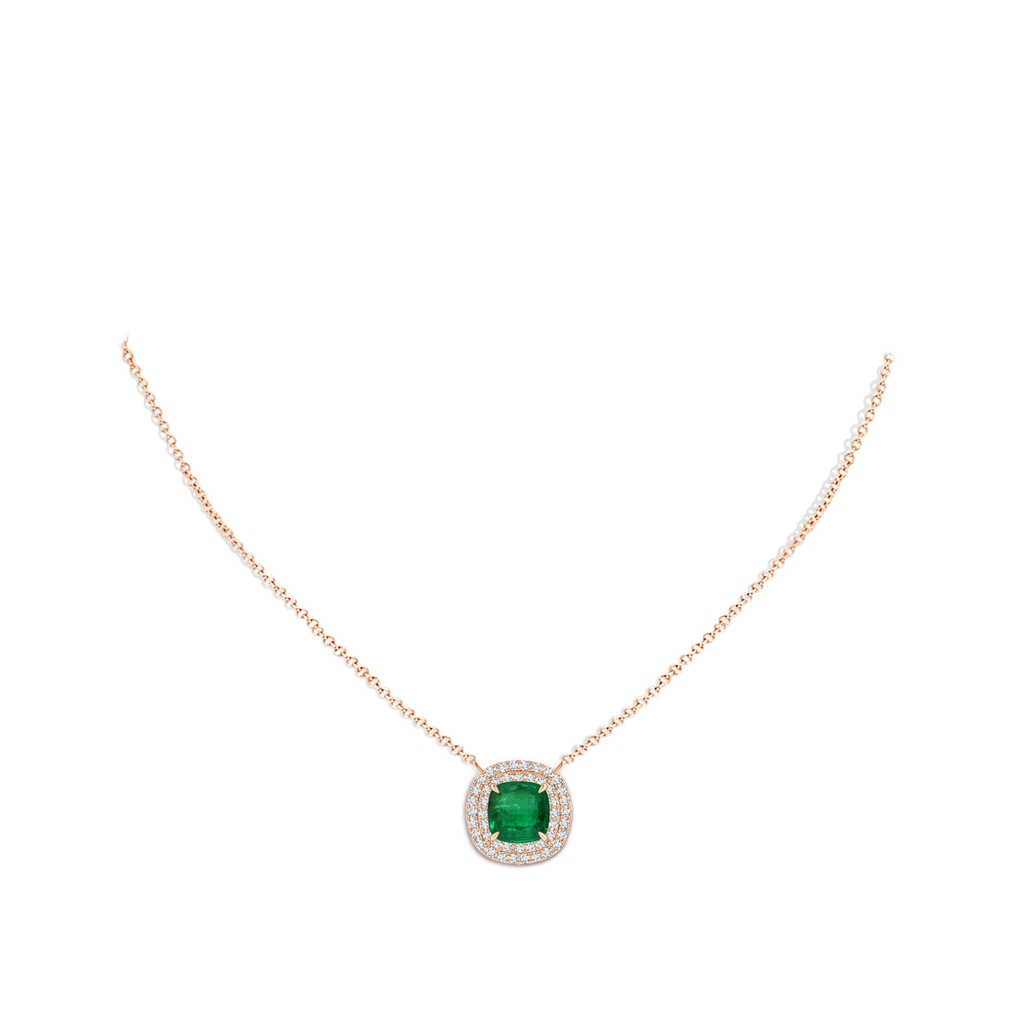 8.10x7.74x5.16mm AA GIA Certified Claw-Set Cushion Emerald Double Halo Pendant in Rose Gold pen