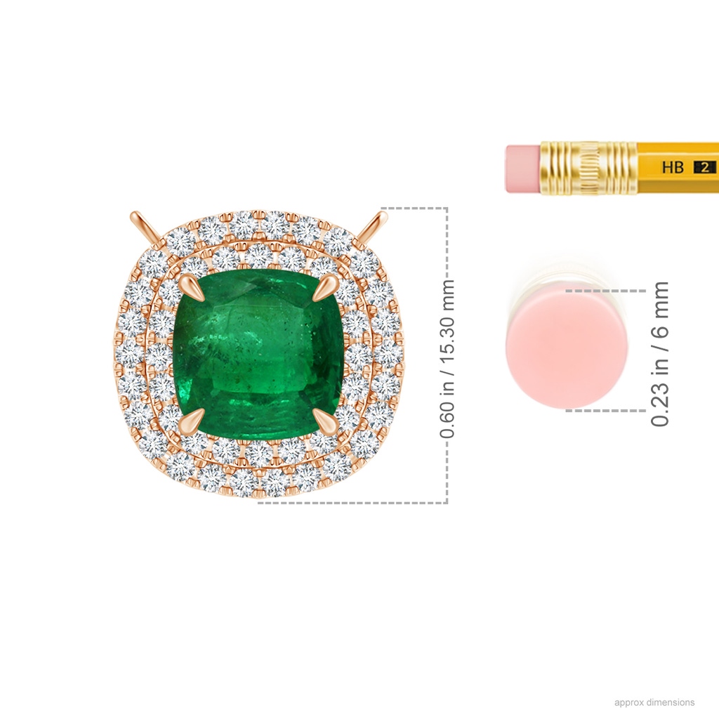 8.10x7.74x5.16mm AA GIA Certified Claw-Set Cushion Emerald Double Halo Pendant in Rose Gold ruler