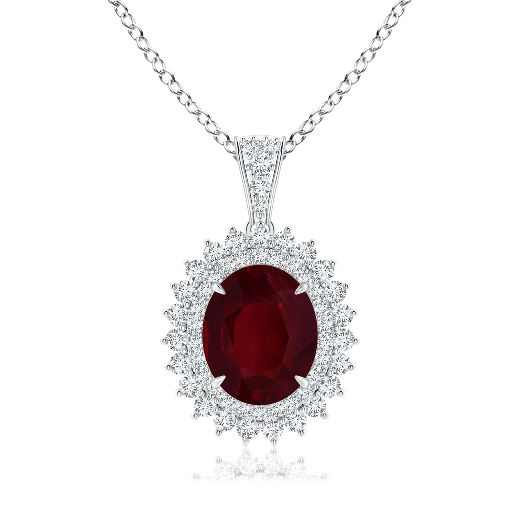 8.75x6.84x4.30mm AAAA GIA Certified Oval Ruby Floral Halo Pendant in White Gold