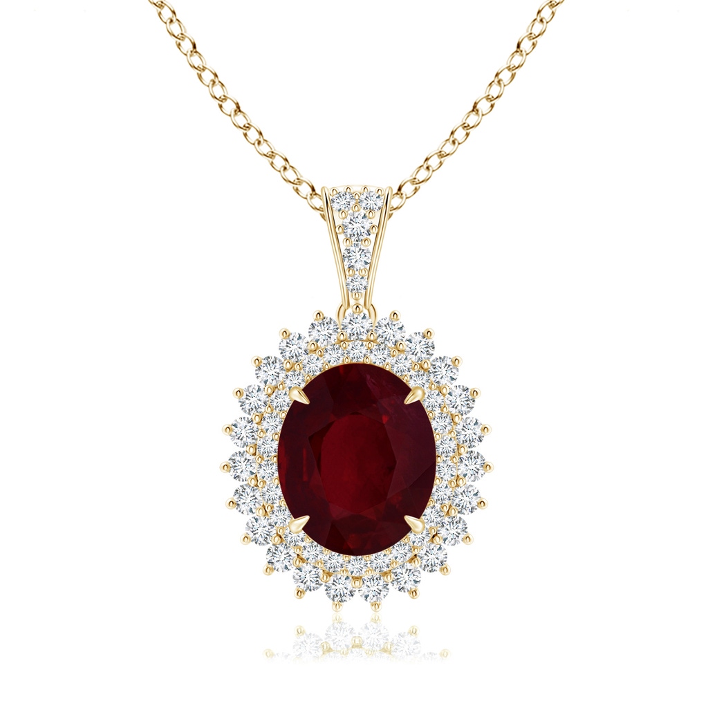 8.75x6.84x4.30mm AAAA GIA Certified Oval Ruby Floral Halo Pendant in Yellow Gold