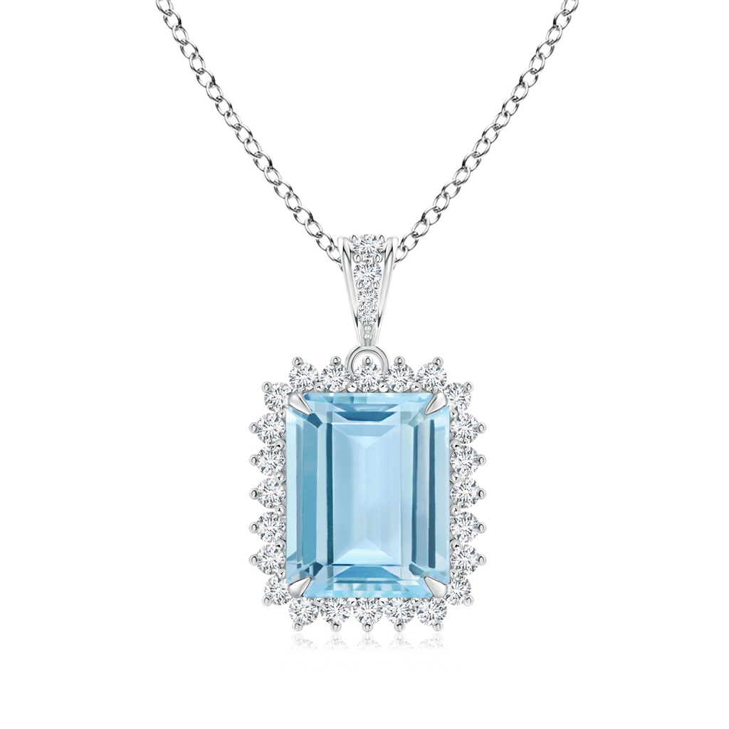 10x8mm AAA Claw-Set Octagonal Aquamarine Halo Pendant in White Gold