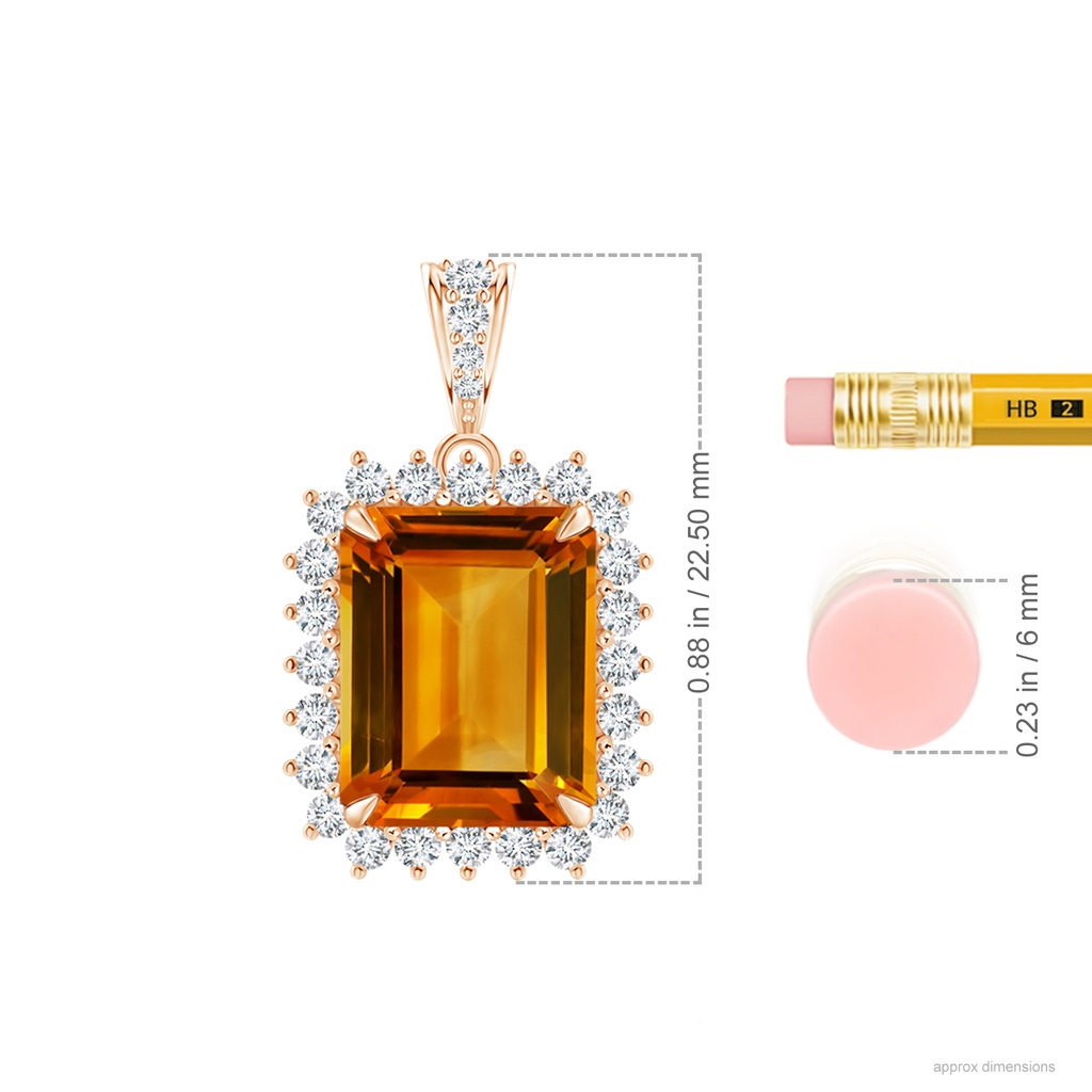 12.14x9.12x5.42mm AAAA GIA Certified Emerald Cut CItrine Halo Dangle Pendant in Rose Gold ruler
