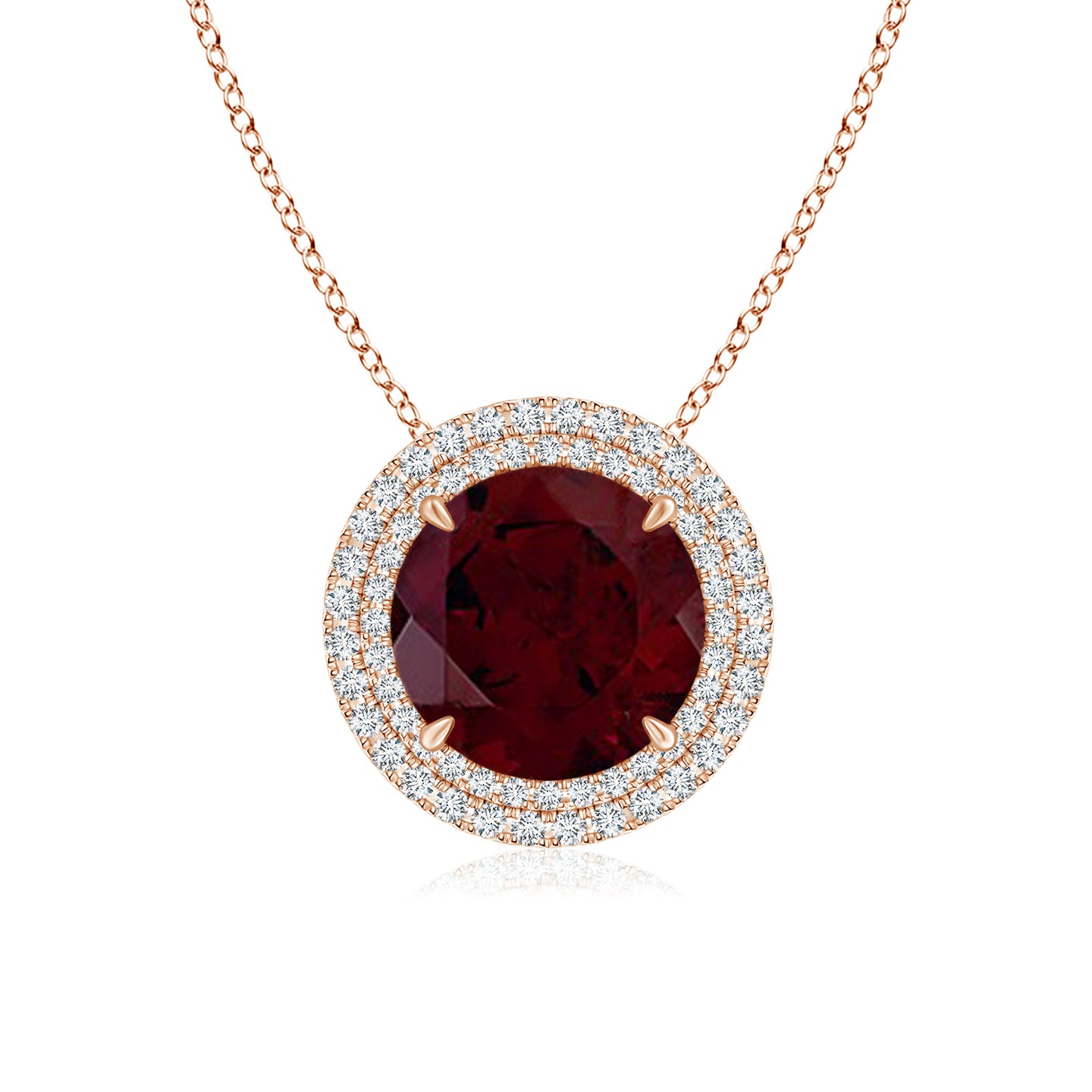 Claw-Set Round Garnet Pendant Necklace with Diamond Double Halo