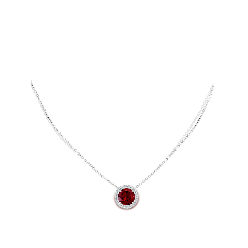 10mm AAA Claw-Set Round Garnet Pendant with Diamond Double Halo in White Gold Body-Neck