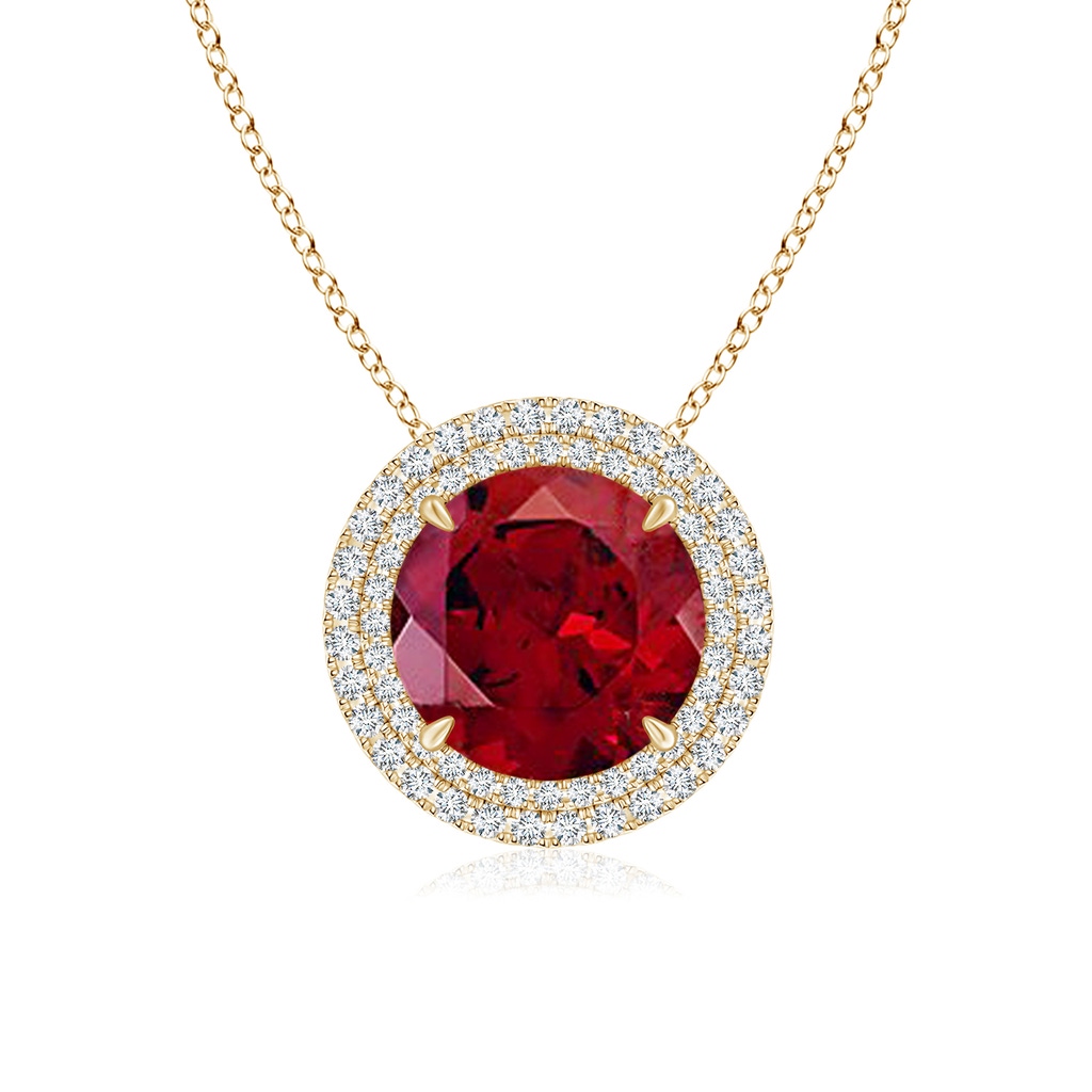 10mm AAAA Claw-Set Round Garnet Pendant with Diamond Double Halo in Yellow Gold